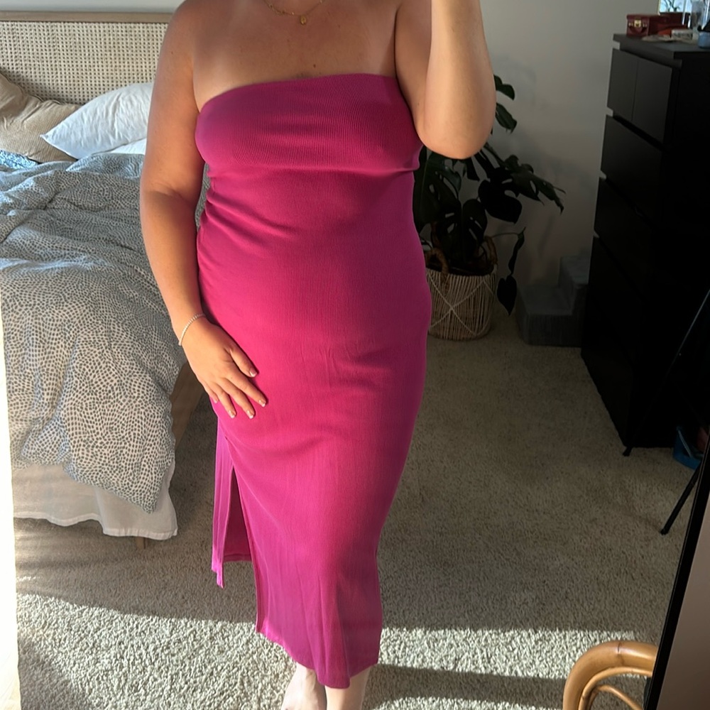 Hot pink strapless midi dress